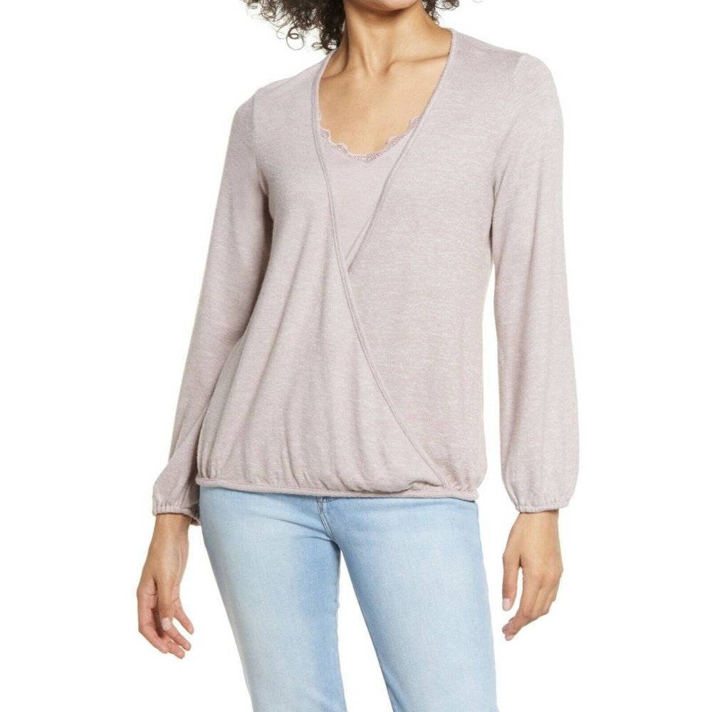 Bobeau Faux Wrap Front Lace Trim Long Sleeve Hacci Top Mauve Blush Sz M NEW $52